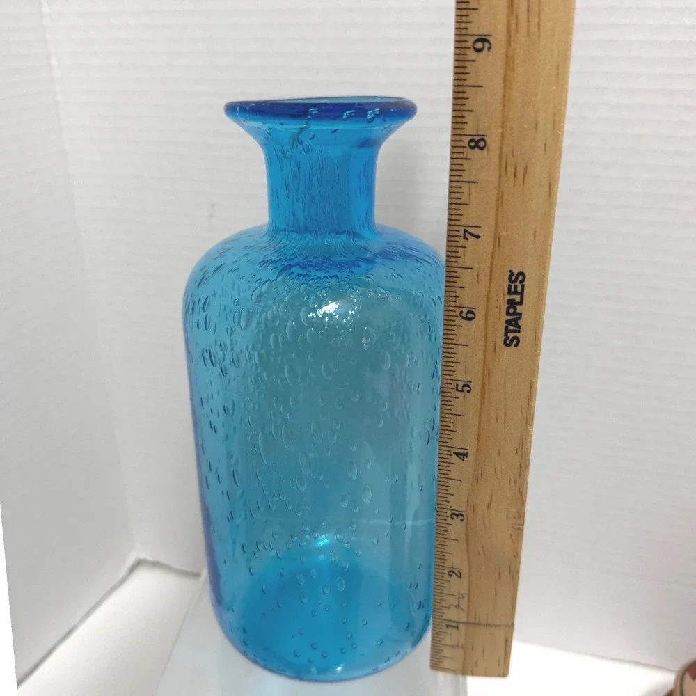 Turquoise Blue Controlled Bubble Art Glass Vase Hand Blown 8.5 inch Cylindrical